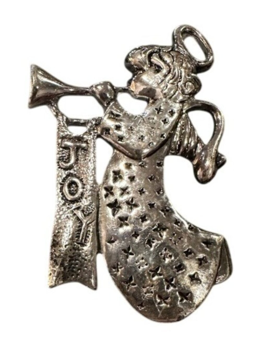 Angel Pin Trumpet Joy Banner Star Detailing Dual Wear Silver Tone Pendant